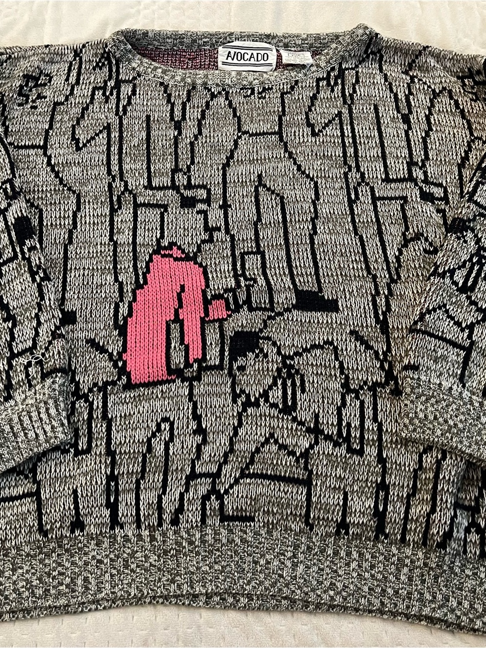 Vintage Avocado Gray and Pink Crewneck Knit Sweater